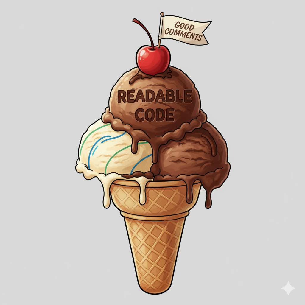 Illustration of a cherry on top of a cake, symbolizing that good comments are the finishing touch to well-written code